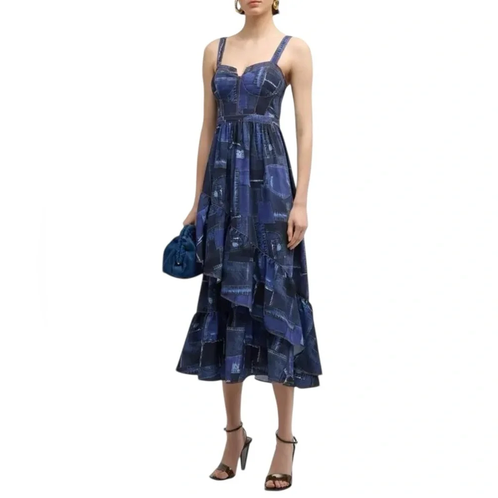 Cinq à Sept Jordyn Navy blue Patchwork tiered ruffle Midi cocktail Dress size 6 - Picture 3 of 16